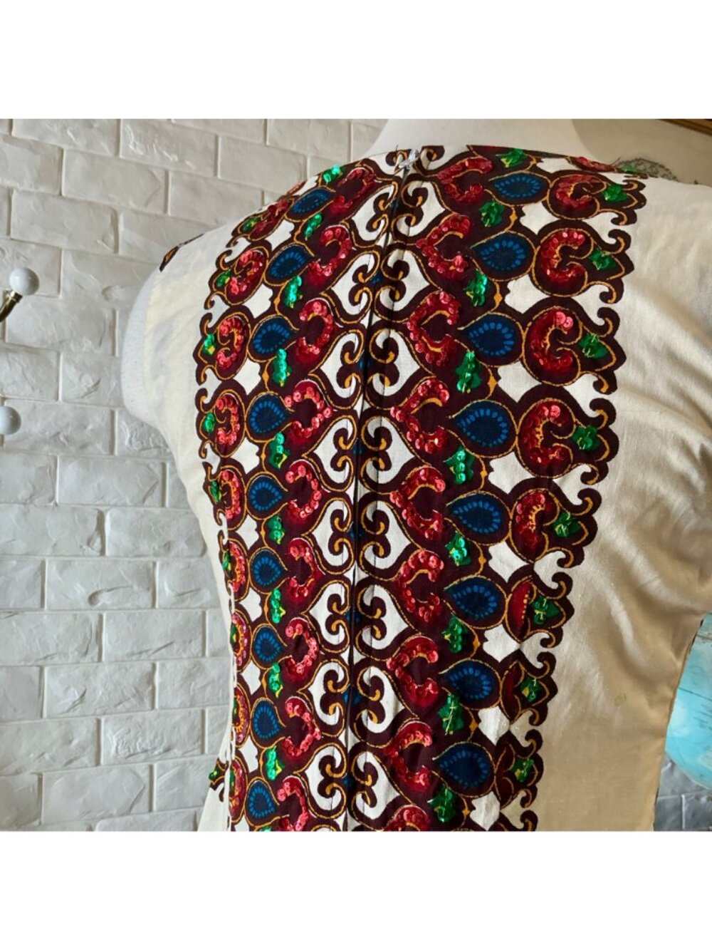 Vintage 70s Bou Boudina Maxi Dress Ornately Sequined Colorful Dashiki Medallion - Picture 11 of 14